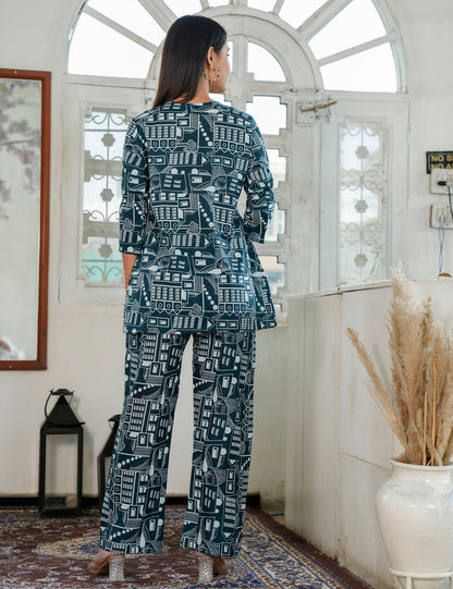City Sketch Sanganeri Print V-neck Cotton Co-ord Set - HL84