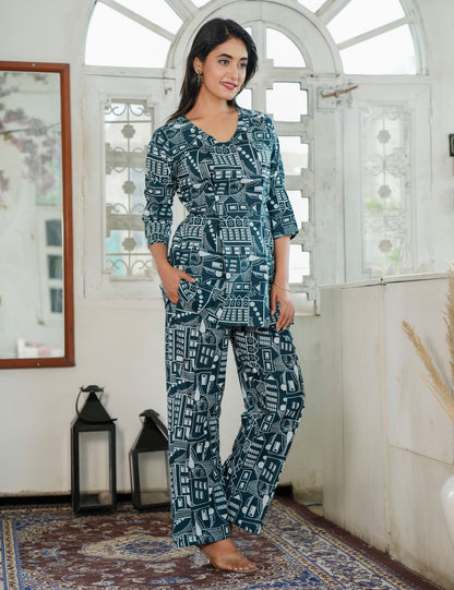 City Sketch Sanganeri Print V-neck Cotton Co-ord Set - HL84