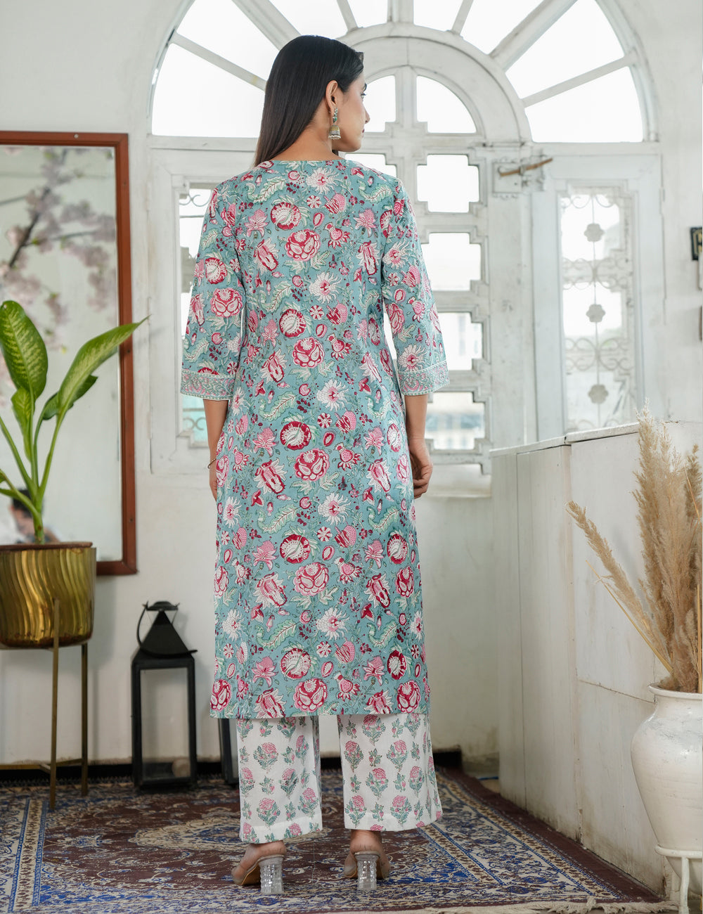 Hand Block Pastels Petal Embroided Floral Cotton Straight Cut Kurta Set with Kota Doria Dupatta - HL85