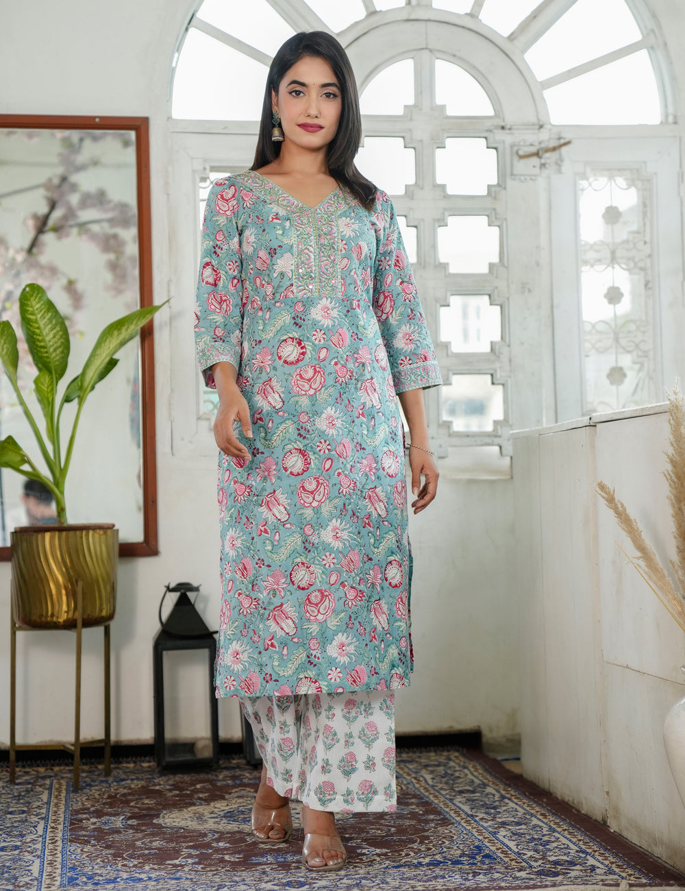 Hand Block Pastels Petal Embroided Floral Cotton Straight Cut Kurta Set with Kota Doria Dupatta - HL85