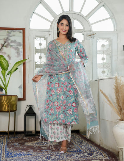 Hand Block Pastels Petal Embroided Floral Cotton Straight Cut Kurta Set with Kota Doria Dupatta - HL85