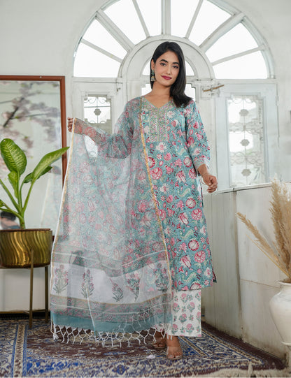 Hand Block Pastels Petal Embroided Floral Cotton Straight Cut Kurta Set with Kota Doria Dupatta - HL85
