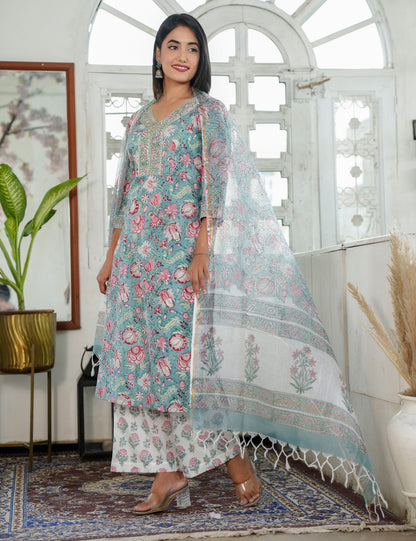 Hand Block Pastels Petal Embroided Floral Cotton Straight Cut Kurta Set with Kota Doria Dupatta - HL85