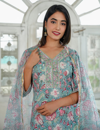 Hand Block Pastels Petal Embroided Floral Cotton Straight Cut Kurta Set with Kota Doria Dupatta - HL85