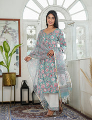 Hand Block Pastels Petal Embroided Floral Cotton Sweetheat Neckline Kurta Set with Kota Doria Dupatta - HL86