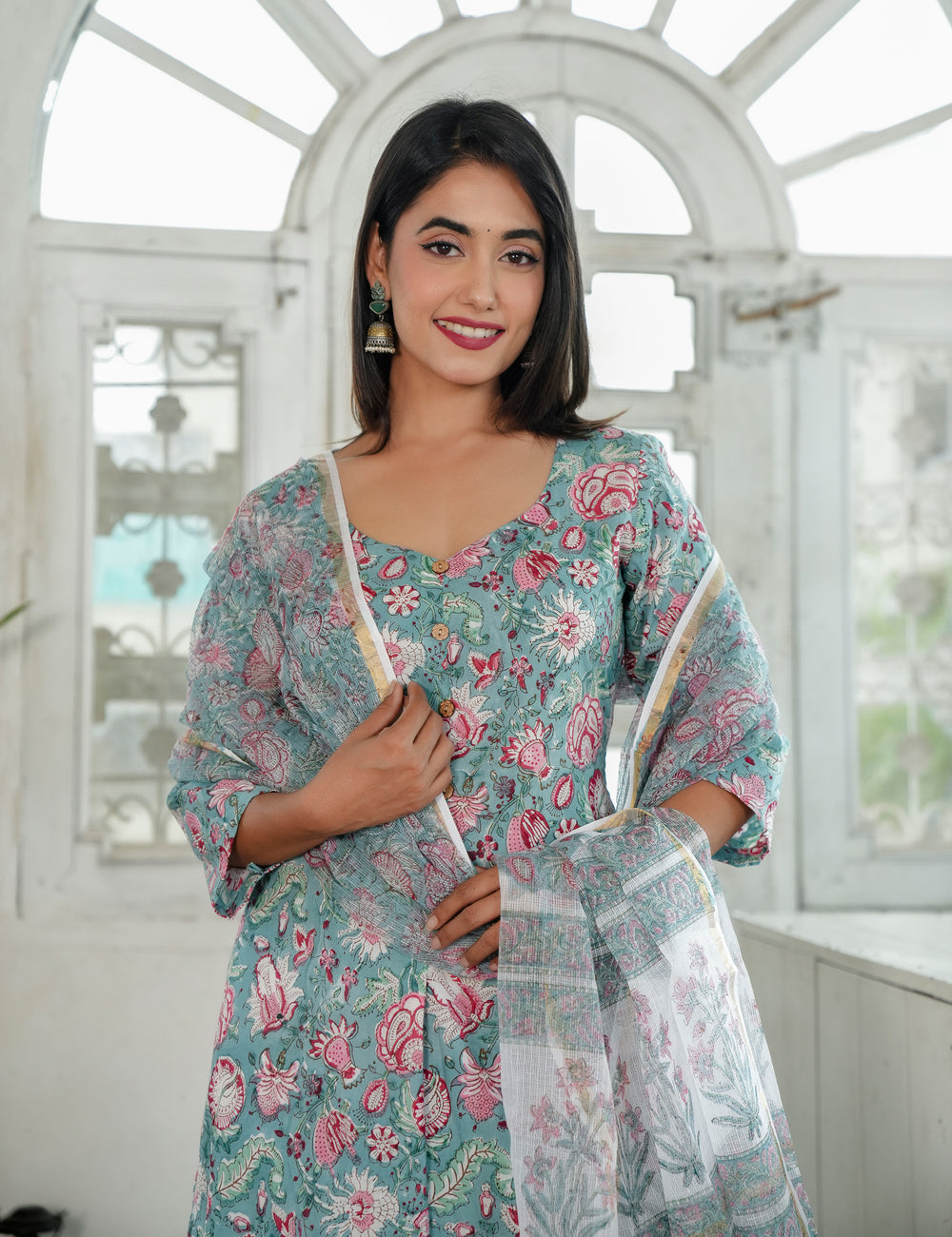 Hand Block Pastels Petal Embroided Floral Cotton Sweetheat Neckline Kurta Set with Kota Doria Dupatta - HL86