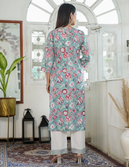 Hand Block Pastels Petal Embroided Floral Cotton Sweetheat Neckline Kurta Set with Kota Doria Dupatta - HL86