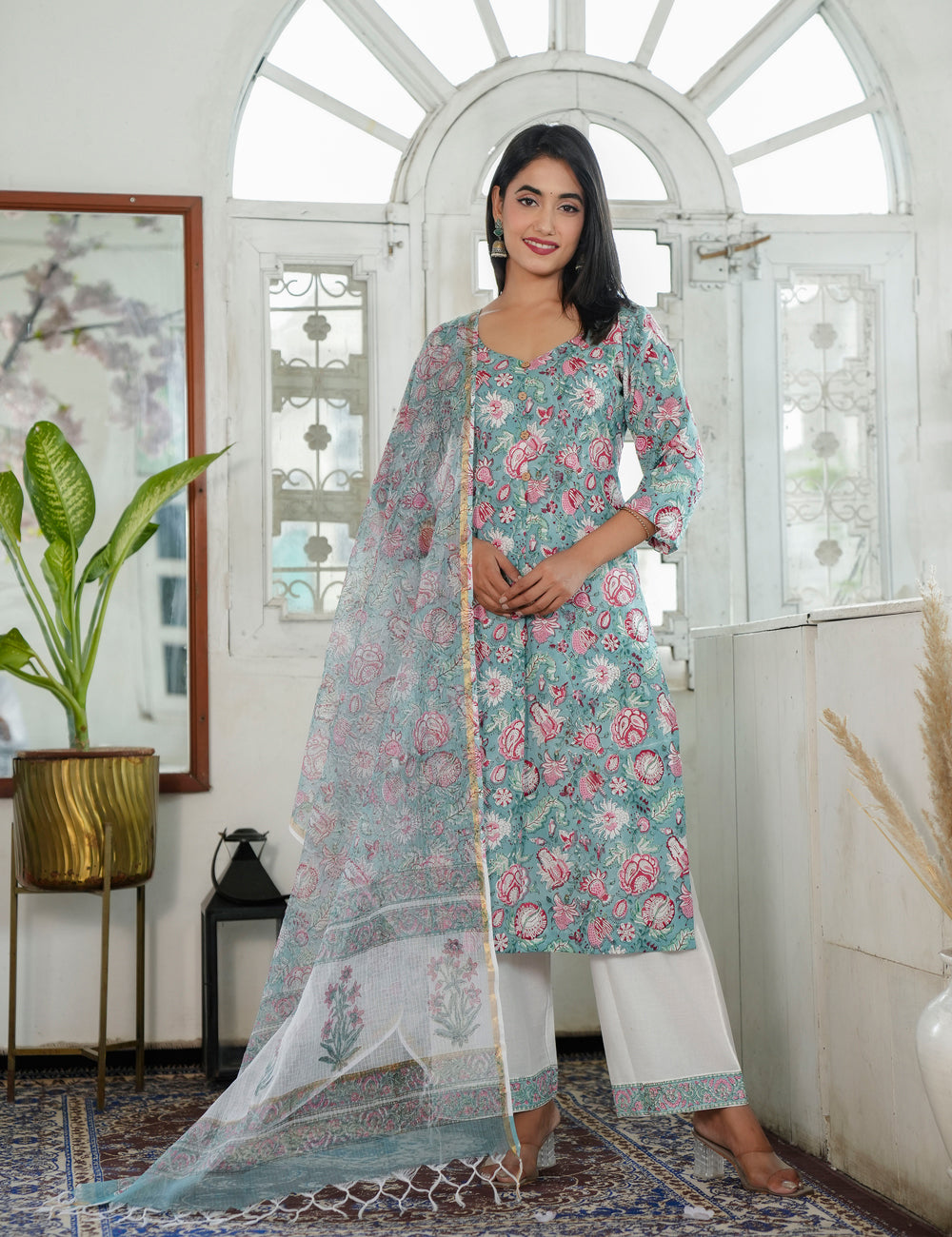 Hand Block Pastels Petal Embroided Floral Cotton Sweetheat Neckline Kurta Set with Kota Doria Dupatta - HL86