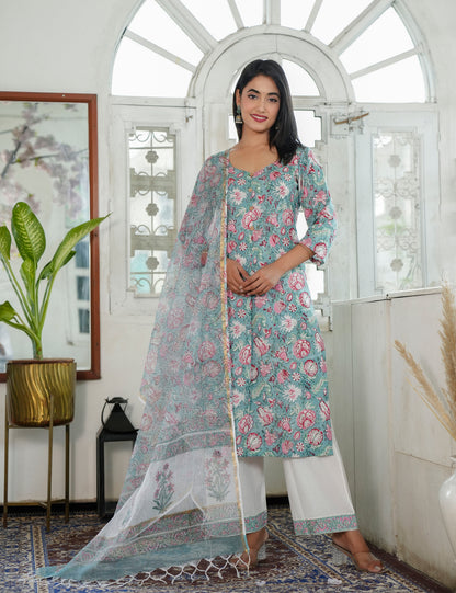 Hand Block Pastels Petal Embroided Floral Cotton Sweetheat Neckline Kurta Set with Kota Doria Dupatta - HL86