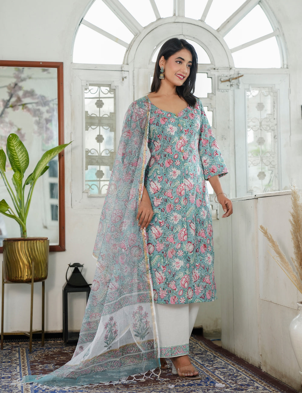 Hand Block Pastels Petal Embroided Floral Cotton Sweetheat Neckline Kurta Set with Kota Doria Dupatta - HL86