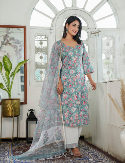 Hand Block Pastels Petal Embroided Floral Cotton Sweetheat Neckline Kurta Set with Kota Doria Dupatta - HL86