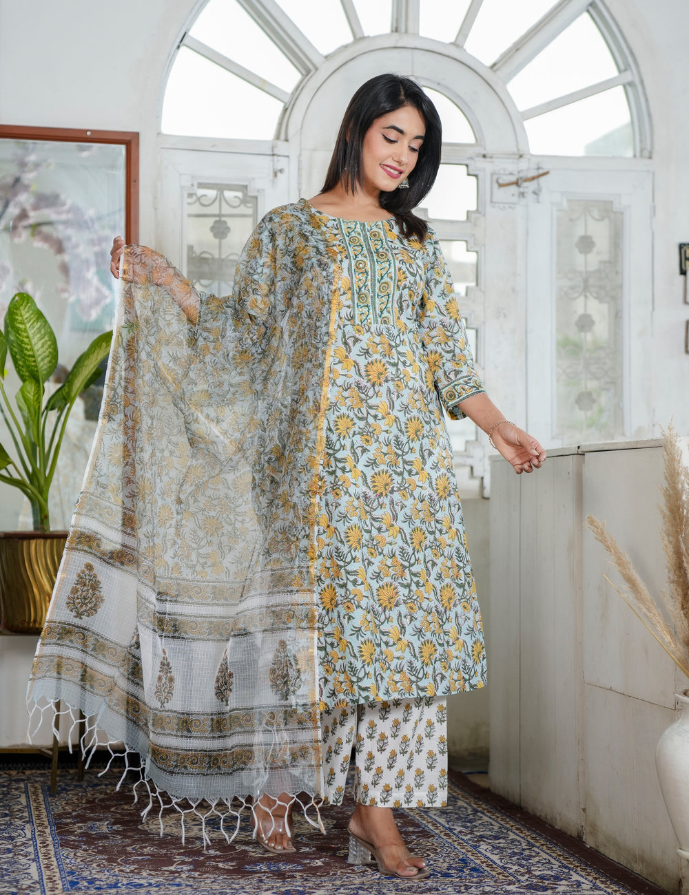 Hand Block Marigold Grace Ethnic Round Neckline Kurta Set with Kota Doria Dupatta - HL88