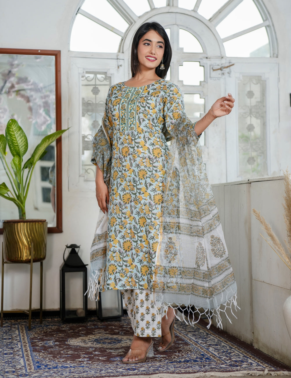 Hand Block Marigold Grace Ethnic Round Neckline Kurta Set with Kota Doria Dupatta - HL88