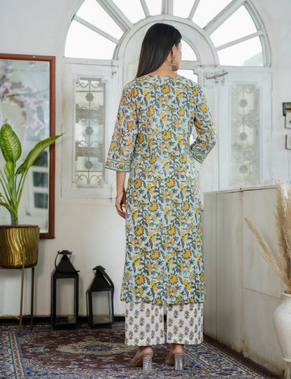 Hand Block Marigold Grace Ethnic Round Neckline Kurta Set with Kota Doria Dupatta - HL88