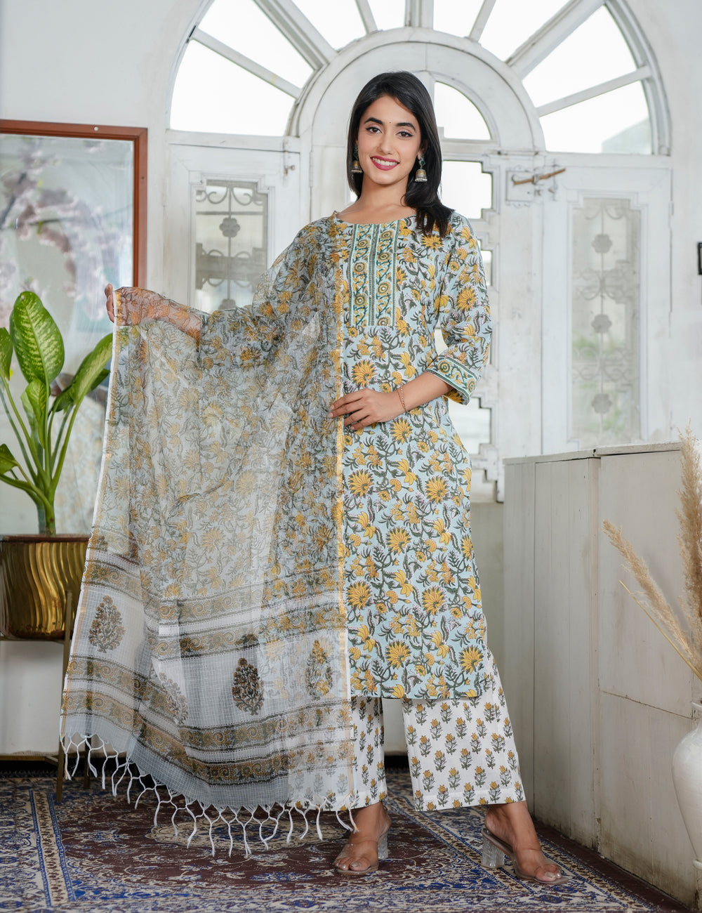 Hand Block Marigold Grace Ethnic Round Neckline Kurta Set with Kota Doria Dupatta - HL88