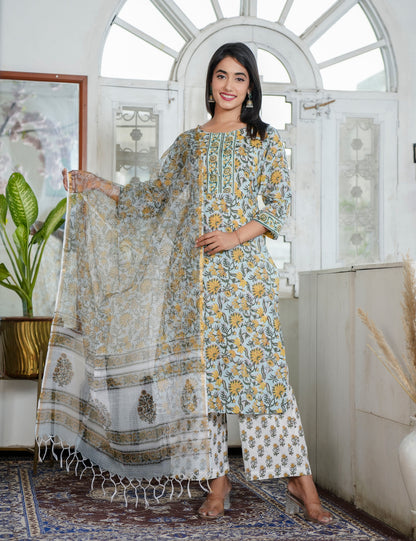 Hand Block Marigold Grace Ethnic Round Neckline Kurta Set with Kota Doria Dupatta - HL88