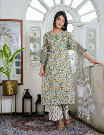 Hand Block Marigold Grace Ethnic Round Neckline Kurta Set with Kota Doria Dupatta - HL88