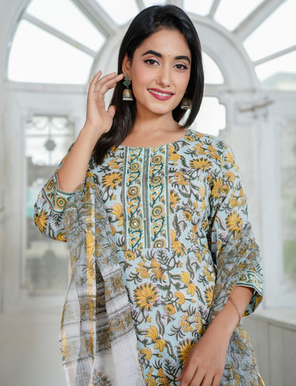 Hand Block Marigold Grace Ethnic Round Neckline Kurta Set with Kota Doria Dupatta - HL88