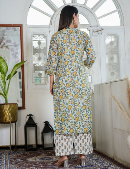 Hand Block Sunflower Motif Traditional Cotton Rounded square Neckline Kurta Set with Kota Doria Dupatta - HL89