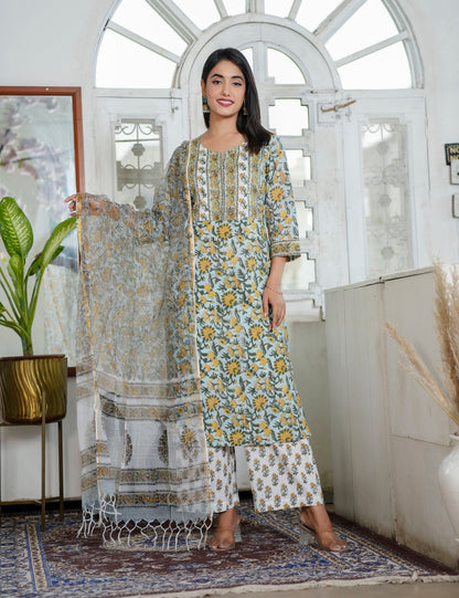 Hand Block Sunflower Motif Traditional Cotton Rounded square Neckline Kurta Set with Kota Doria Dupatta - HL89