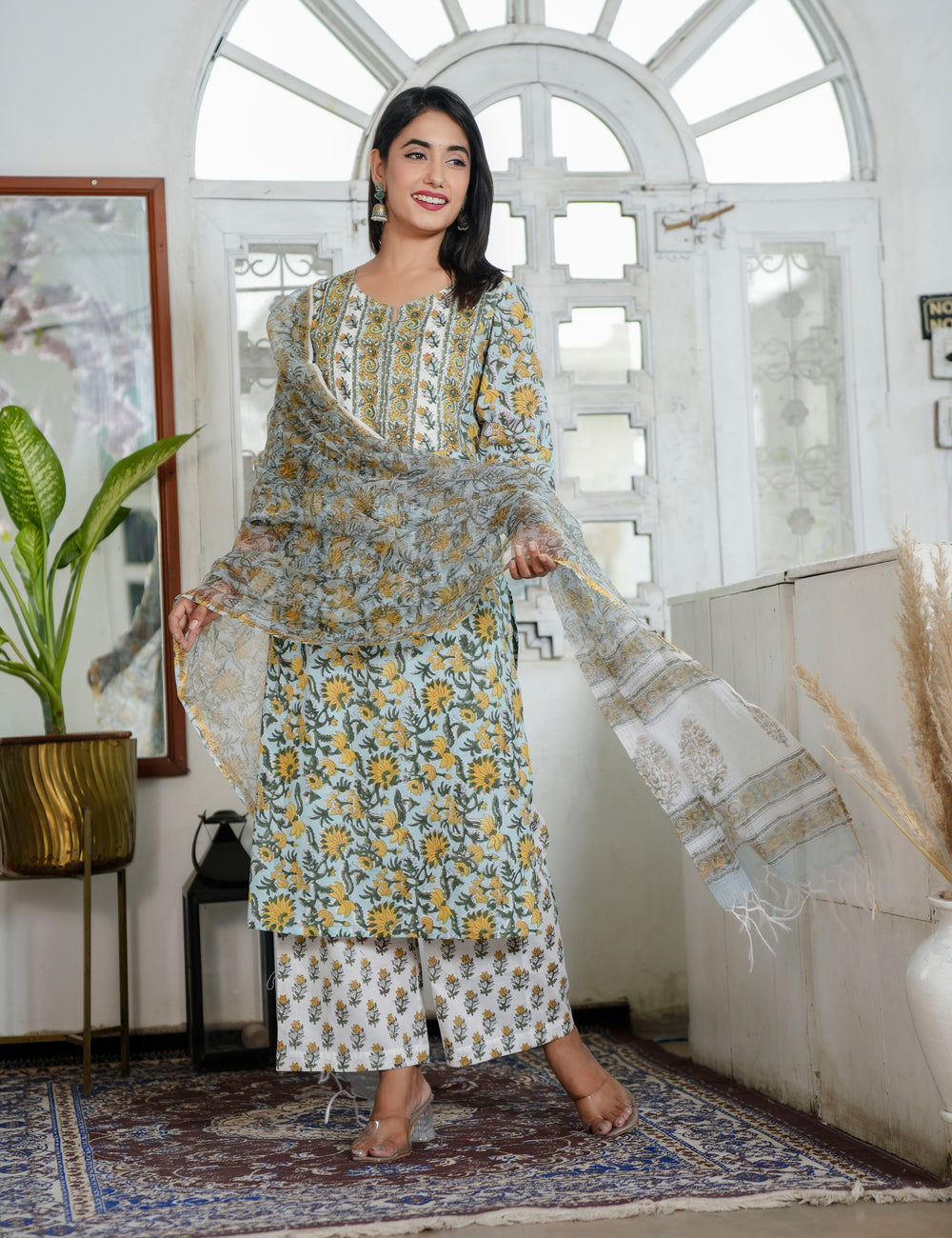 Hand Block Sunflower Motif Traditional Cotton Rounded square Neckline Kurta Set with Kota Doria Dupatta - HL89