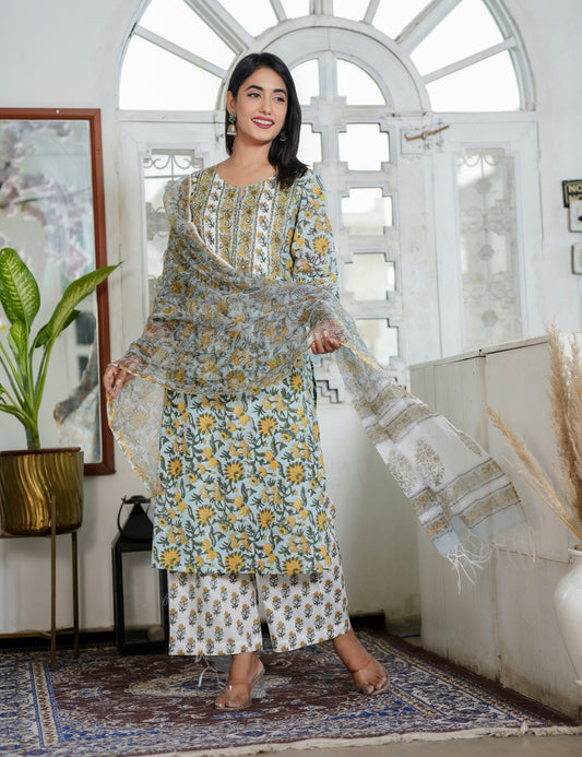 Hand Block Sunflower Motif Traditional Cotton Rounded square Neckline Kurta Set with Kota Doria Dupatta - HL89