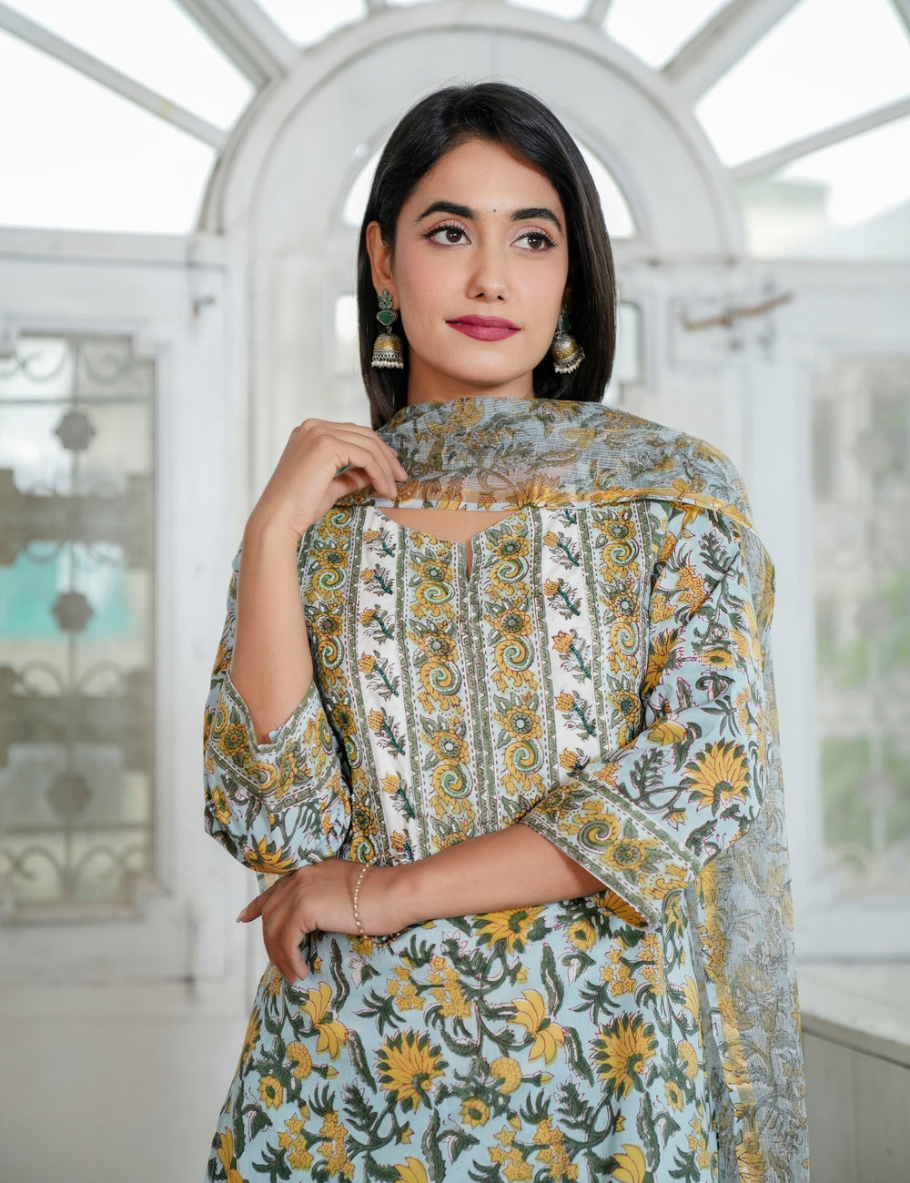 Hand Block Sunflower Motif Traditional Cotton Rounded square Neckline Kurta Set with Kota Doria Dupatta - HL89