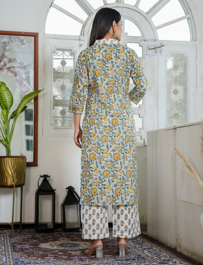Hand Block Sunflower Motif Traditional Cotton V-slit Neckline Kurta Set with  Slight Stand Collar with Kota Doria Dupatta - HL90