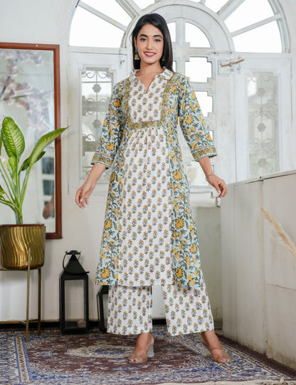 Hand Block Sunflower Motif Traditional Cotton V-slit Neckline Kurta Set with  Slight Stand Collar with Kota Doria Dupatta - HL90