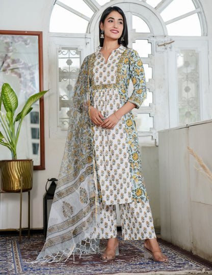 Hand Block Sunflower Motif Traditional Cotton V-slit Neckline Kurta Set with  Slight Stand Collar with Kota Doria Dupatta - HL90