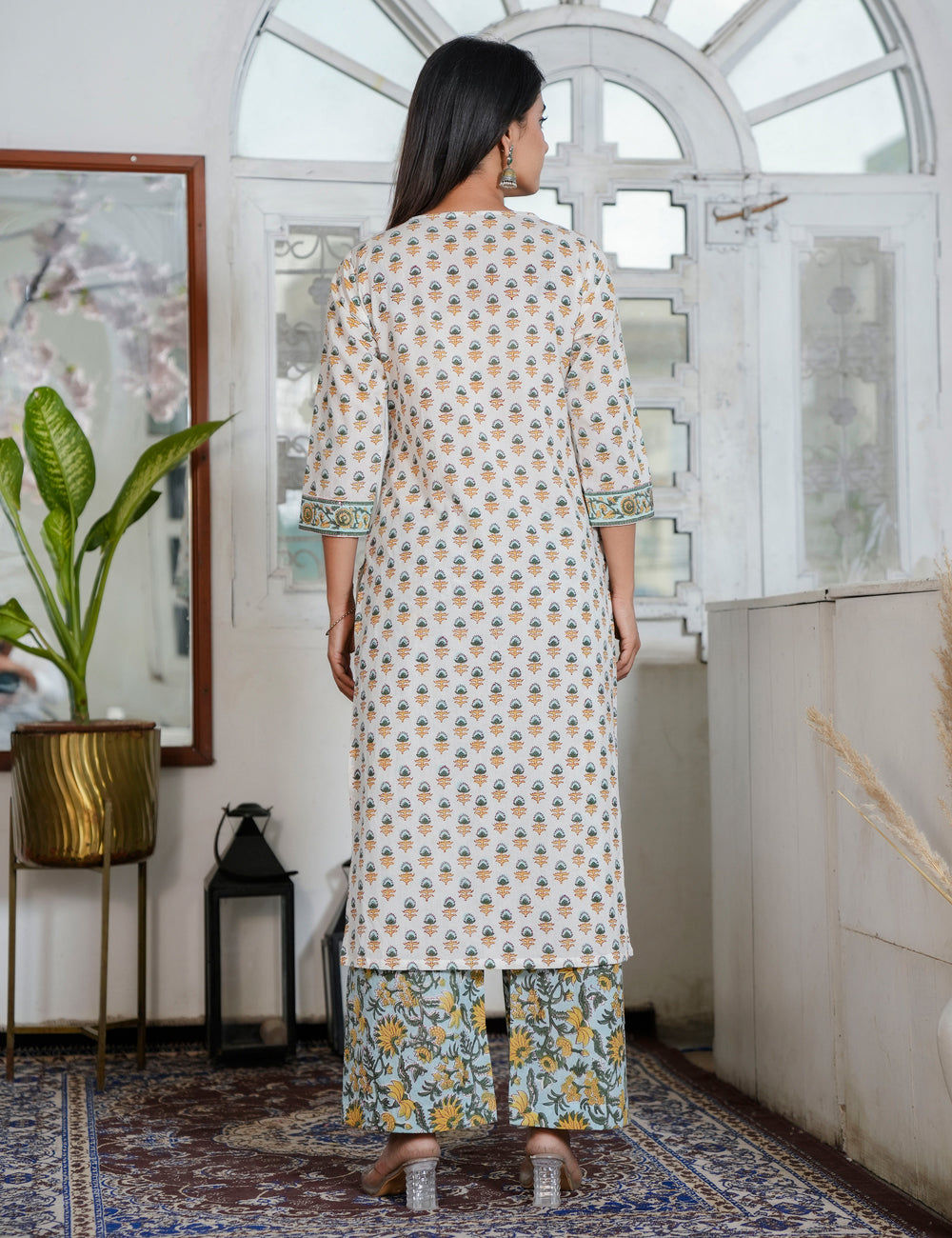 Hand Block Ivory Kurta with Earth-Tone Prints V-neckline Kurta Set & Sunflower Pants with Kota Doria Dupatta - HL91