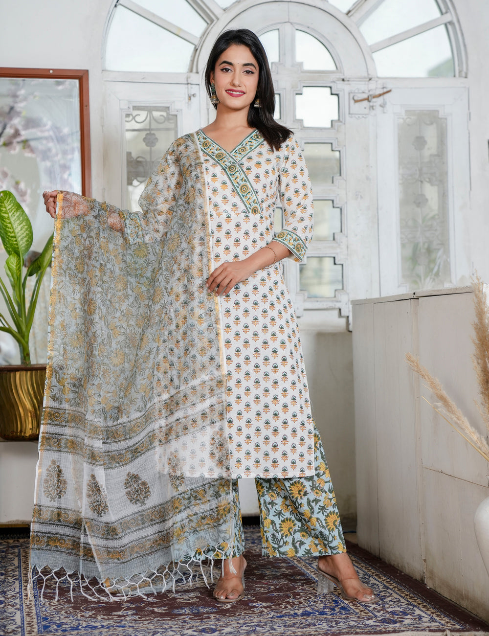 Hand Block Ivory Kurta with Earth-Tone Prints V-neckline Kurta Set & Sunflower Pants with Kota Doria Dupatta - HL91