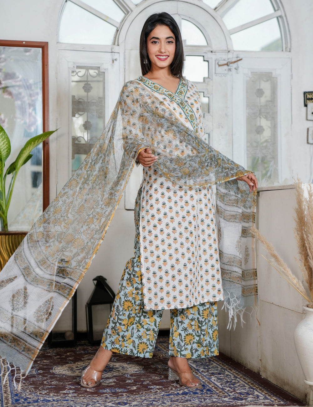 Hand Block Ivory Kurta with Earth-Tone Prints V-neckline Kurta Set & Sunflower Pants with Kota Doria Dupatta - HL91