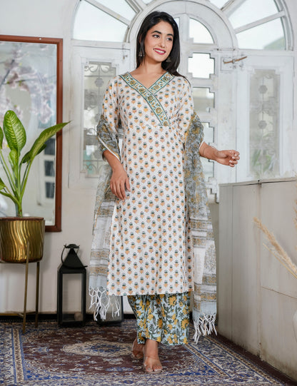 Hand Block Ivory Kurta with Earth-Tone Prints V-neckline Kurta Set & Sunflower Pants with Kota Doria Dupatta - HL91