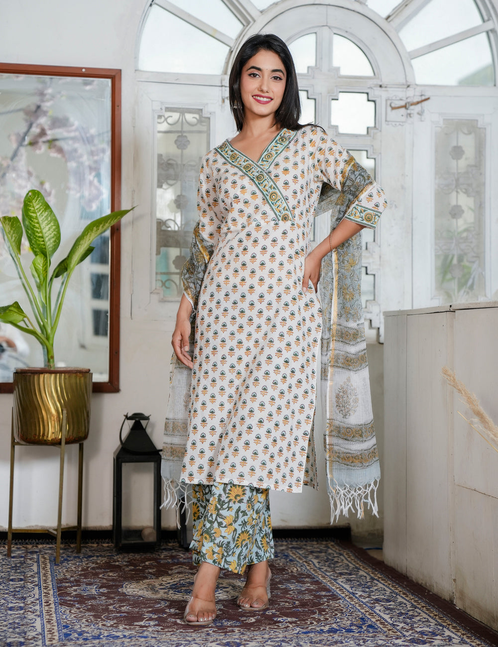 Hand Block Ivory Kurta with Earth-Tone Prints V-neckline Kurta Set & Sunflower Pants with Kota Doria Dupatta - HL91
