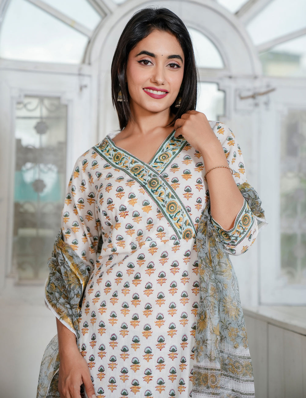 Hand Block Ivory Kurta with Earth-Tone Prints V-neckline Kurta Set & Sunflower Pants with Kota Doria Dupatta - HL91