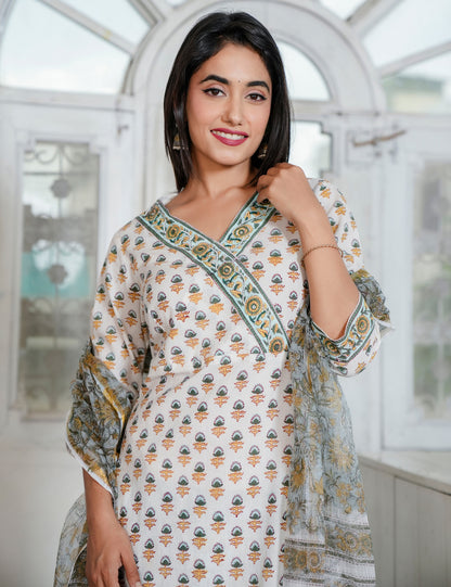 Hand Block Ivory Kurta with Earth-Tone Prints V-neckline Kurta Set & Sunflower Pants with Kota Doria Dupatta - HL91