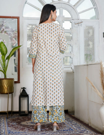 Hand Block Ivory Kurta with Earth-Tone Prints V-neckline Kurta Set with Kota Doria Dupatta - HL92