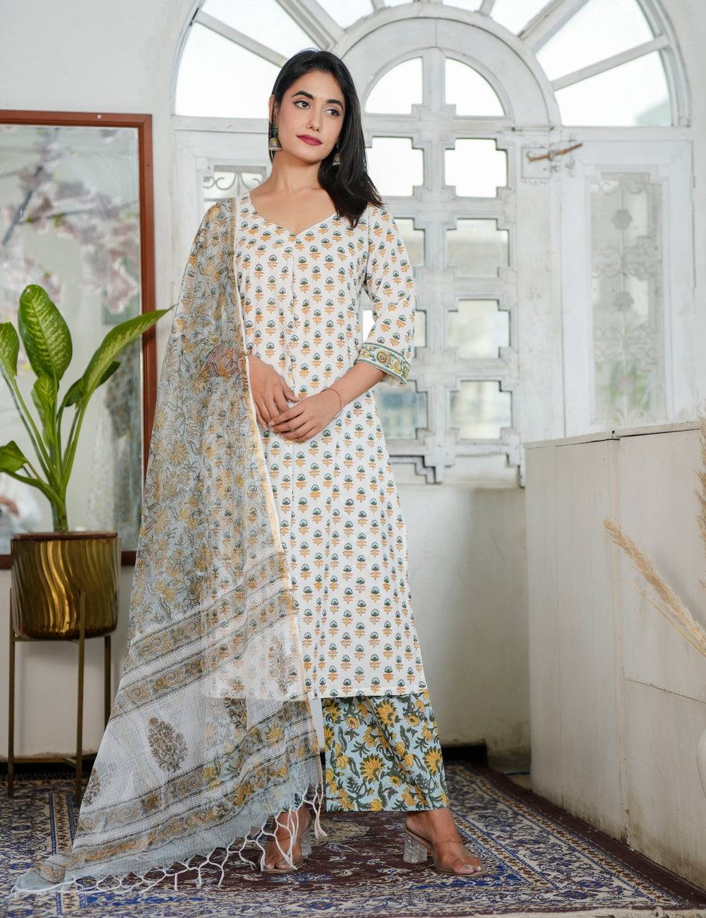 Hand Block Ivory Kurta with Earth-Tone Prints V-neckline Kurta Set with Kota Doria Dupatta - HL92