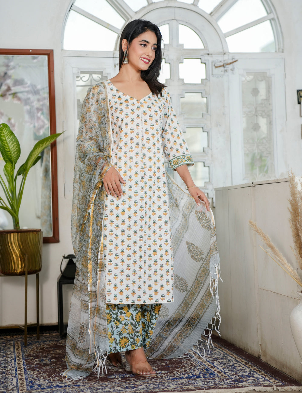 Hand Block Ivory Kurta with Earth-Tone Prints V-neckline Kurta Set with Kota Doria Dupatta - HL92