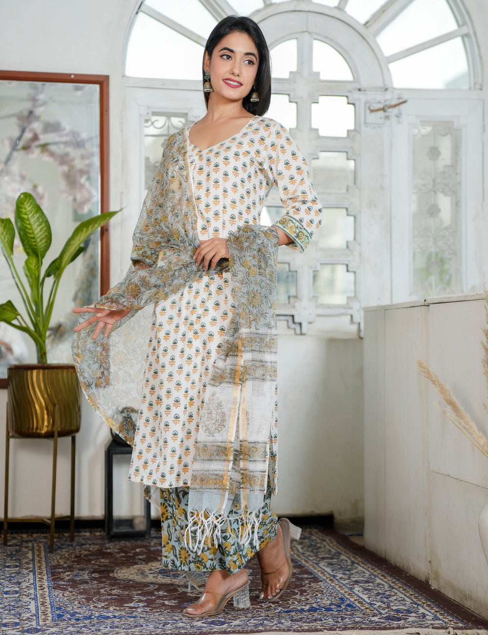 Hand Block Ivory Kurta with Earth-Tone Prints V-neckline Kurta Set with Kota Doria Dupatta - HL92