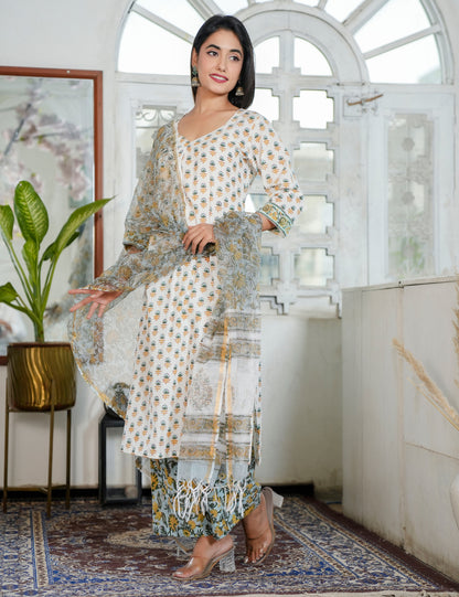 Hand Block Ivory Kurta with Earth-Tone Prints V-neckline Kurta Set with Kota Doria Dupatta - HL92