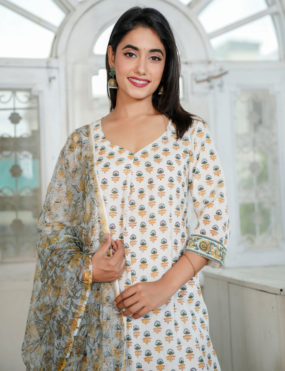 Hand Block Ivory Kurta with Earth-Tone Prints V-neckline Kurta Set with Kota Doria Dupatta - HL92
