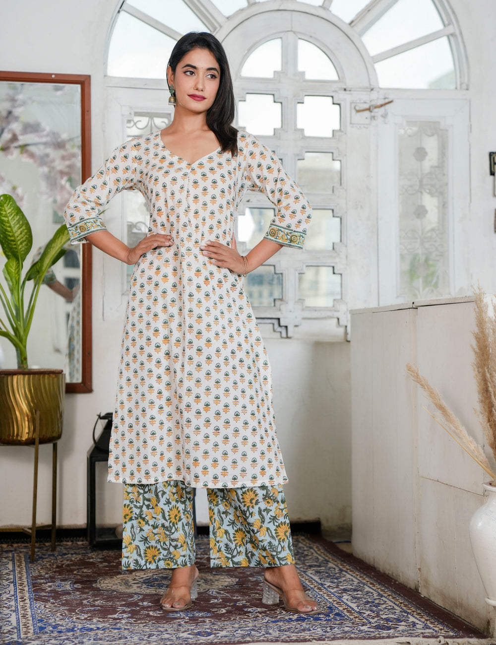 Hand Block Ivory Kurta with Earth-Tone Prints V-neckline Kurta Set with Kota Doria Dupatta - HL92