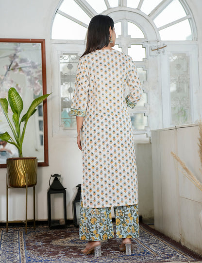 Hand Block Ivory Kurta with Earth-Tone Prints V-neckline Kurta Set with Kota Doria Dupatta - HL93