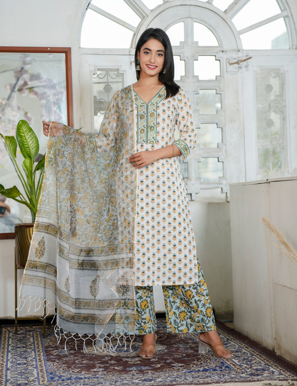 Hand Block Ivory Kurta with Earth-Tone Prints V-neckline Kurta Set with Kota Doria Dupatta - HL93