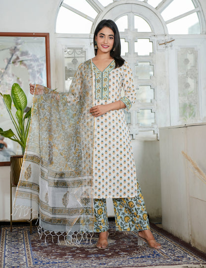 Hand Block Ivory Kurta with Earth-Tone Prints V-neckline Kurta Set with Kota Doria Dupatta - HL93