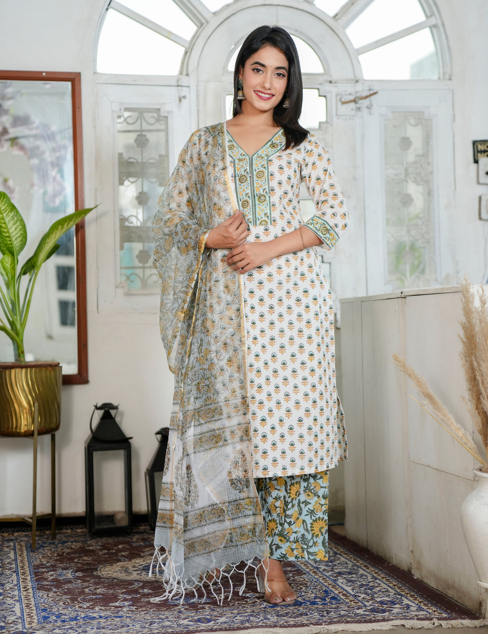 Hand Block Ivory Kurta with Earth-Tone Prints V-neckline Kurta Set with Kota Doria Dupatta - HL93