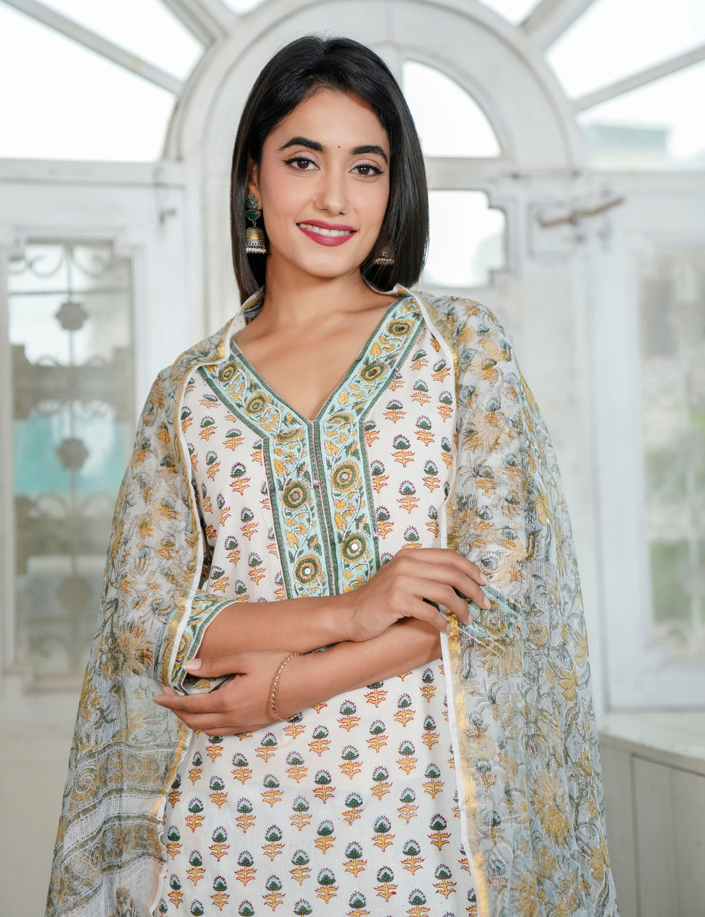 Hand Block Ivory Kurta with Earth-Tone Prints V-neckline Kurta Set with Kota Doria Dupatta - HL93