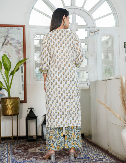 Mustard Yellow Floral Hand Block Prints V-neckline Kurta Set with Kota Doria Dupatta - HL94